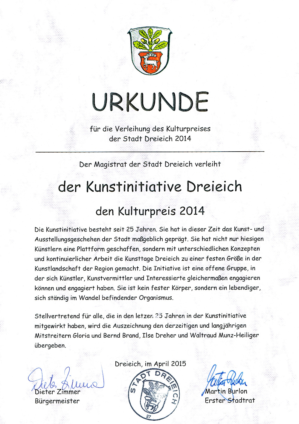 Kulturpreis-Urkunde